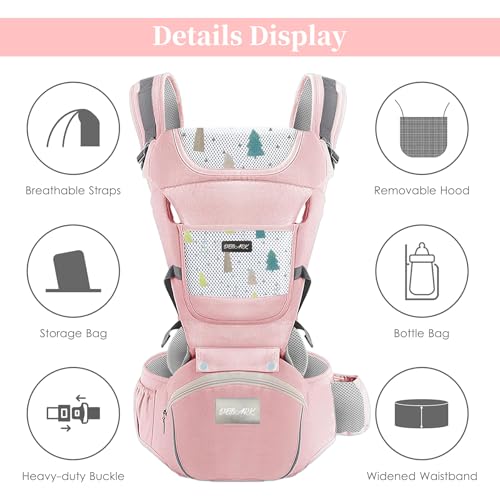 Debark Baby Carrier Pink - Newborn to Toddler, Hip Seat, 6 in 1 Lightweight and Detachable Infant Carrier for Babies fro